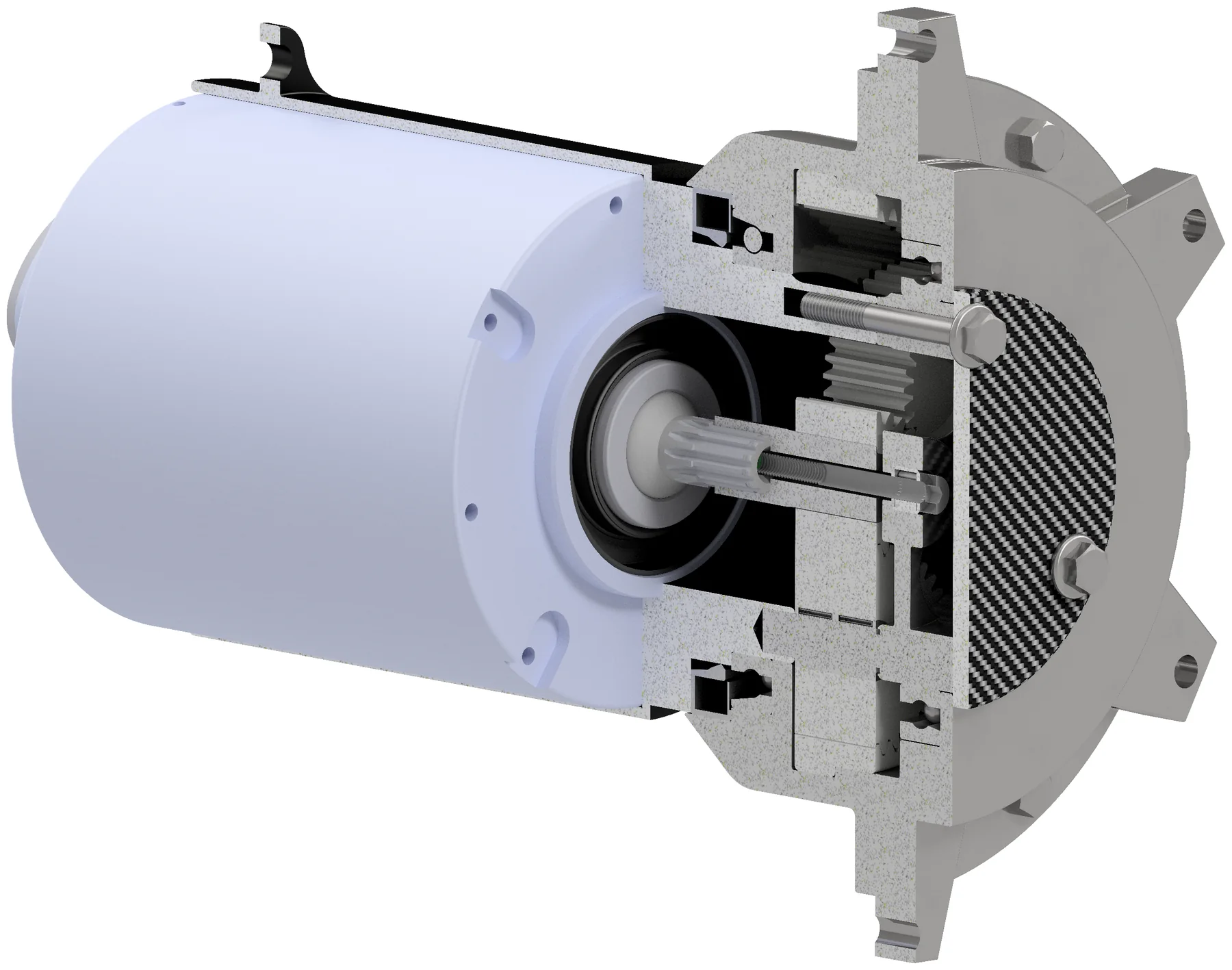 Half-section render of the in-hub epicyclic gearbox showing the planet set, bearings and the carbon wheel face