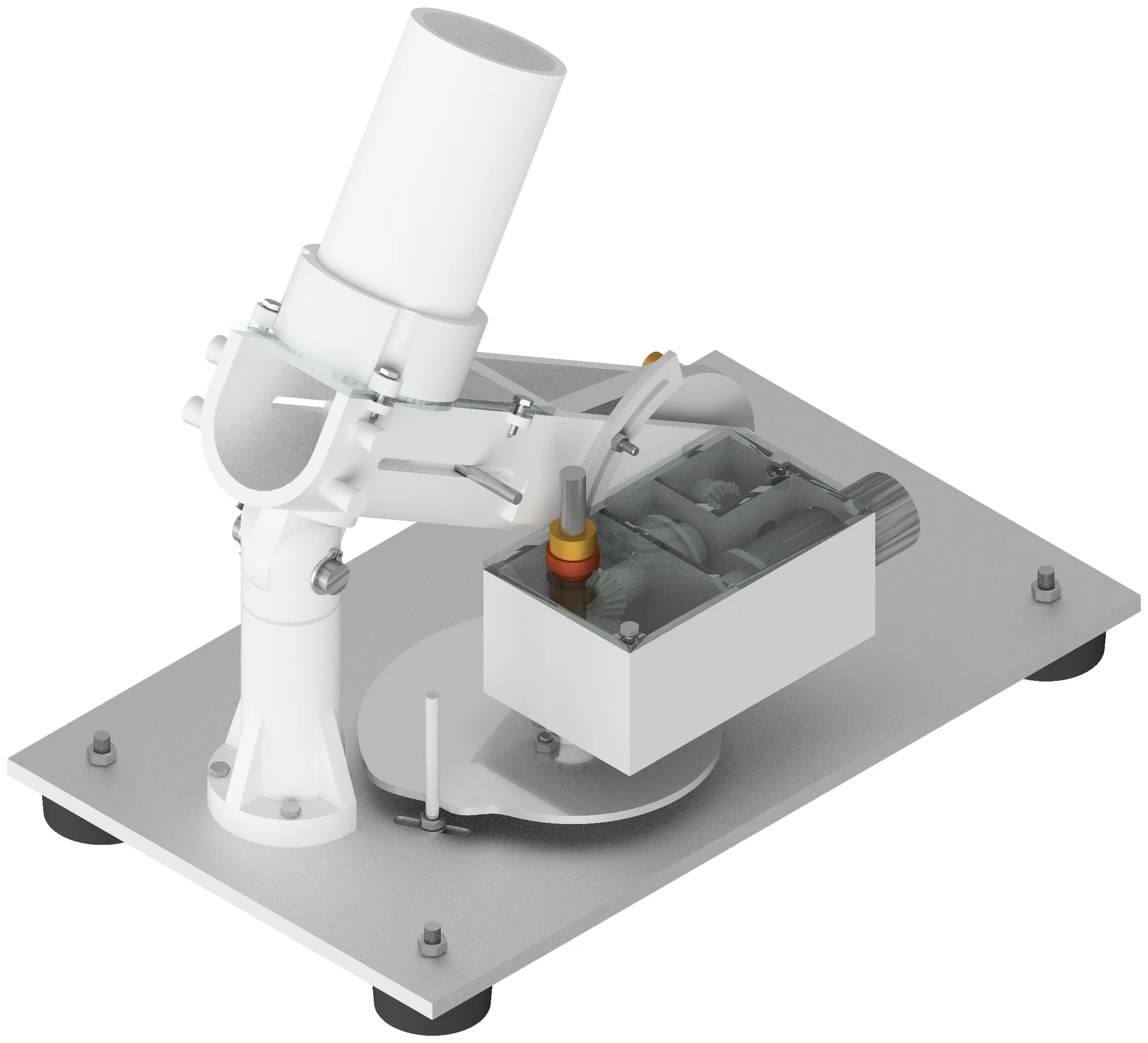 Isometric render of the ball launcher: shooting column on a pivot above a base plate, with the gearbox case alongside